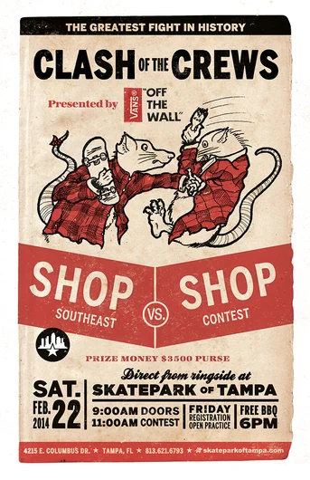 Clash of the Crews, proudly presented by Vans. Clash of the Crews is a shop vs. shop contest where each shop skates in a jam with four of their riders, plus one optional old guy/owner/TM. The top three scores from skaters in your jam count for your shop's final score. The top eight shops then advance to the Finals which are head to head bracket format to determine the final winning crew.