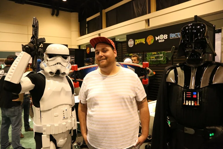 <!-- surfexpoJan2014 -->
Darth Vader and this Storm Trooper were with NHS showing off some Santa Cruz Star Wars decks. Stalker Steve wanted to use the decks as light sabers to cut through the Surf Expo crowd.