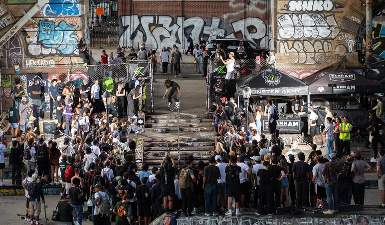 Missed Jonathan Henderson’s Hardflip down the double that got him 5th place in Scandals Best Trick contest, but here’s a Biggie Boardslide down the rail instead.

<!--damnamnyc2022day2-->