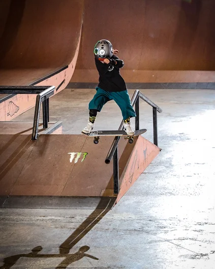 Ethan with a nice Boardslide on the A-Frame rail.

<!--schoolsoutjam2023-->