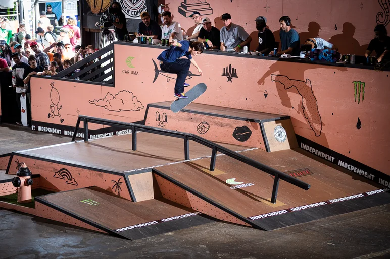 The man of the day, Yuto Horigome starts his runoff with a classic and also proper
Tre Flip.

<!--tampapro23day3-->