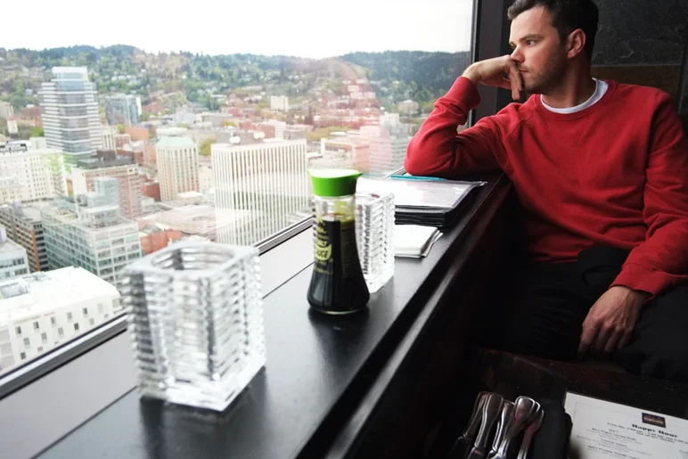 Chris is contemplating the view and the soy sauce.<!-- Portland 2013 for Some Nike Bid'niss -->