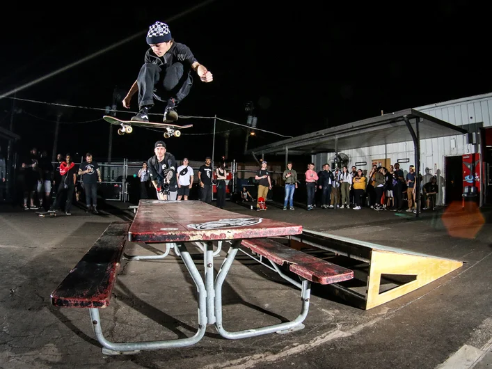 <!--vansrowanparty20-->

In between the 2nd and 3rd bands we threw a Best Trick Contest over this Bump to Table for a few pairs of Rowan’s new shoe. Wes made quick work of this Front Shuv

