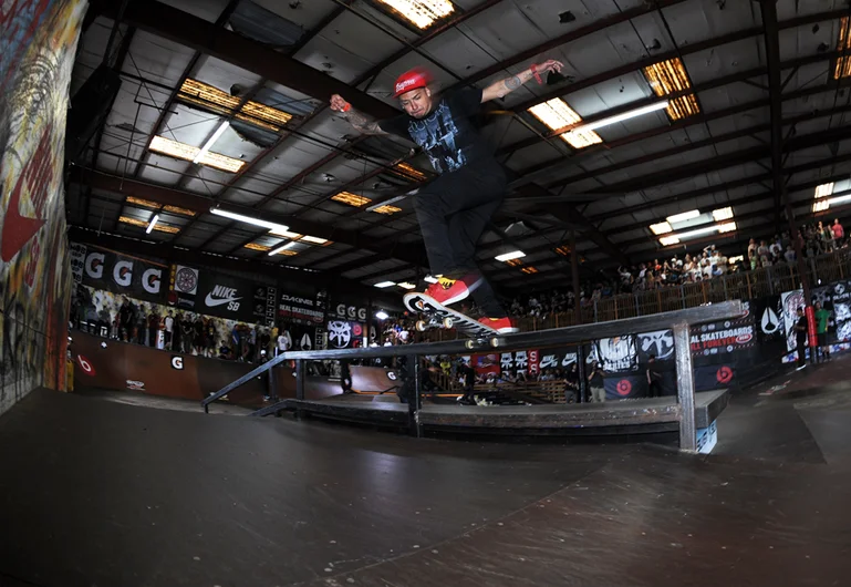 <!--finalspro14-->

Chaz Ortiz ollies out of his backside tailslides. In one of his finals runs, he kickflipped into backside tailslide across the box and kickflipped out -- I said he did that in a run, right? Unbelievable.