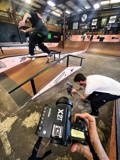 Stepping onto the Pro Course with your fisheye for the first time of the day is always a little hectic. Kids are flying around in every direction and you can’t decide which way to look for the first minute or so. When in doubt, stand by the A-Frame rail.

<!--schoolsoutjam2023-->