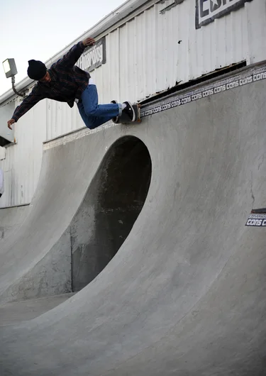 <!--vday16-->
Derick is one of my favorite locals to watch skate. He’s super unpredictable and charges with speed and power. He has finesse about him too. This door ride is big—you better be committed at the top.