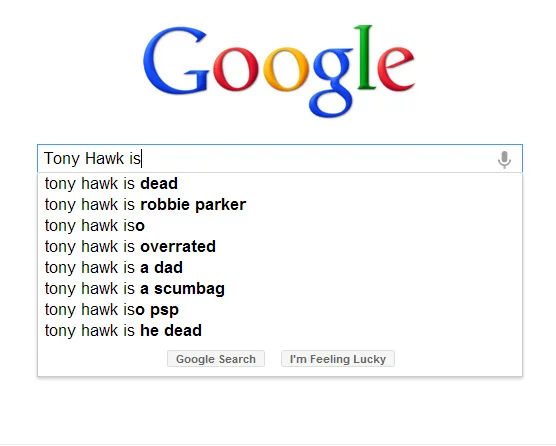 If you did a graph, you'd see that there's a direct correlation to how popular you are versus the death rumors that circulate about you.  Listen you dumb Googlers, Tony is not overrated, dead, or a scumbag.<!-- Your Favorite Skateboarder Is Dead, Asian, Mexican, A Satanist, Married -->