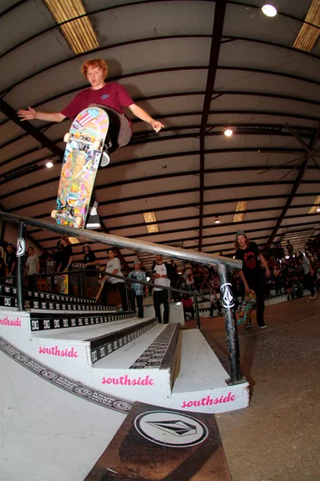 <!--ridetexas14-->

Jack Olson kickflipped into every single trick down this handrail for best trick. That's a kickflip front blunt.
