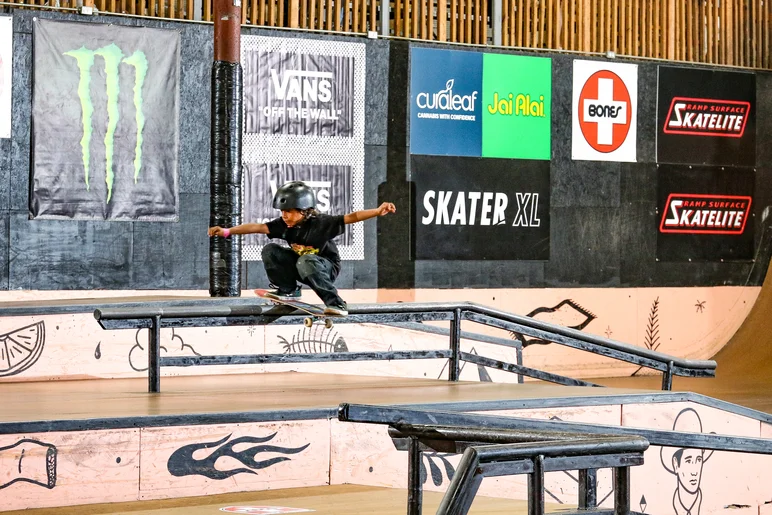 Rain Salazar - 8 and Under always brings out the crazy crouching boardslide photos. These kids have some serious core strength to be able to straighten out and land their tricks after sliding like this. 


<!--harvestjam2023-->