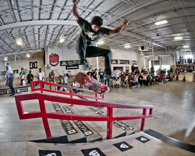 <!--damnammn14finals-->

Corey Millett always has the biggest bangers on a handrail, here's a fakie heelflip switch 5050 during the best trick contest. 