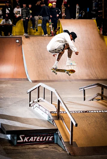 <!--pro20saturday-->

Nyjah did a few tricks to win but here he is mid-Kickflip Backtail Big Spin Out.
