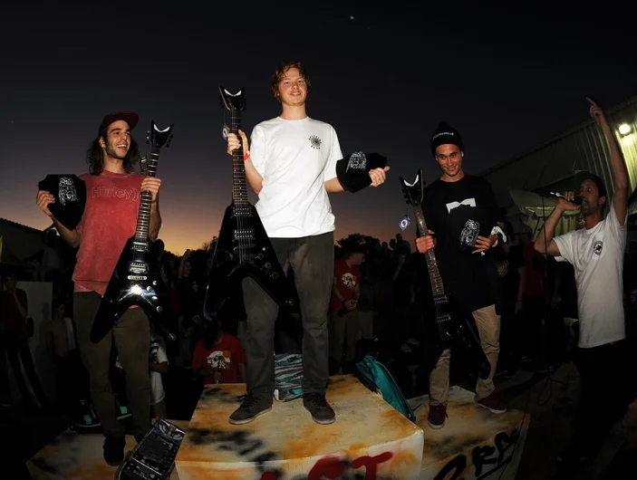 <!-- amdec13sun -->

Here are the top three winners with their prizes from Dean Guitars. From left to right: 2nd place Jon Cosentino, 1st place Jack Olson, 3rd place Pat Schaefer