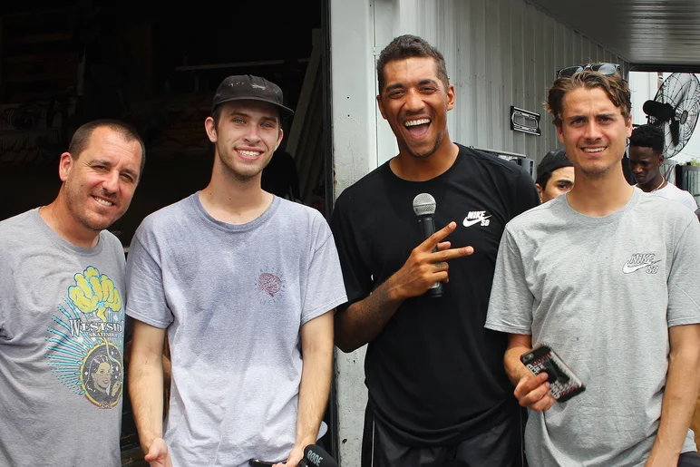 <!--gsd18-->

Back at the park for the second Skate Jam. John Montesi from Westside Skateshop with Tristan, Alex and Blake Carpenter line up for the mandatory group shot.
