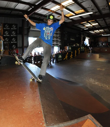 <!-- backtoschoolbash2013 -->

Alejandro Burnell definitely took the fan favorite award and turned-up the crowd. This high speed frontside noseblunt-slide on the bank didn't get him into the Sponsored finals, but it sure looked good.