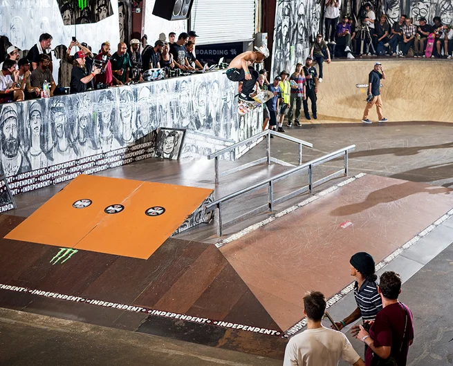 <!--am18qualsphotos-->

Angelo Caro breaks in the new Indy Best Trick obstacle with a Tre Flip.

