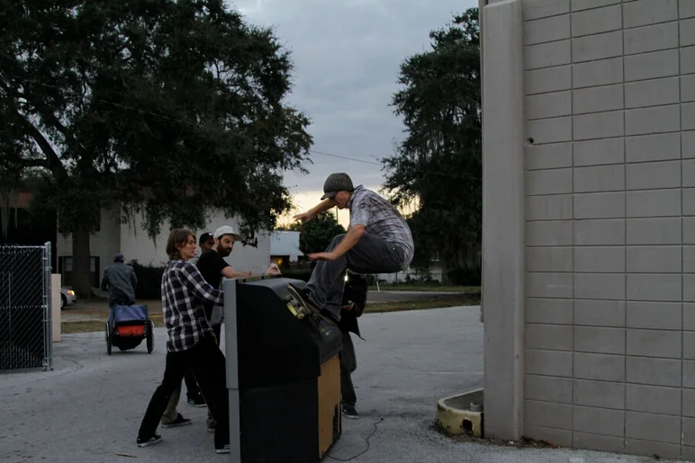 <!-- ffnwinterhavenjan14 -->
Joe owned this spot, and ended with a wallride on the back of this TV thanks to his friends' support. Joining us with the white hat was Harry Chippas, another local who brought great commentary and showed us the secret spots. 