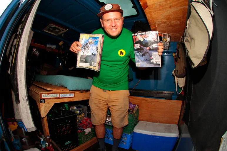 <!--brobowl2-->

Here’s an inside look of the van and sleeping arrangements. He’s got in his hands a signed Mike V and a Lance Mountain + Rick Mc Crank magazine. Its not fun being broke or else I would buy every one he owns.