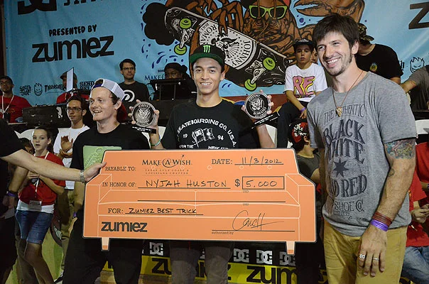 There is no denying Nyjah Huston. He won both the A-Frame Best Trick and the Hubba, Rail, and Stair Best Trick. <!-- Make-A-Wish Article -->