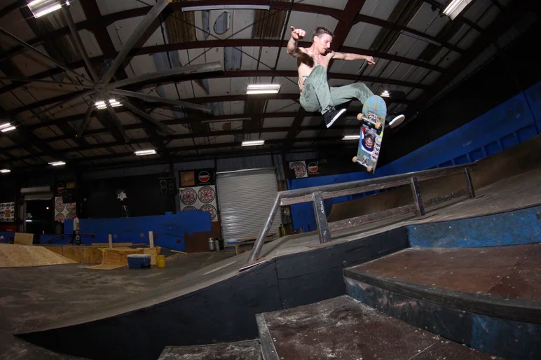 <!--coursedemo17-->

Oh wait... forgot we had a little premature after session the other night. Here's Dungeon Master Tim Geiger sticking a 360 flip up and over the new stair set.