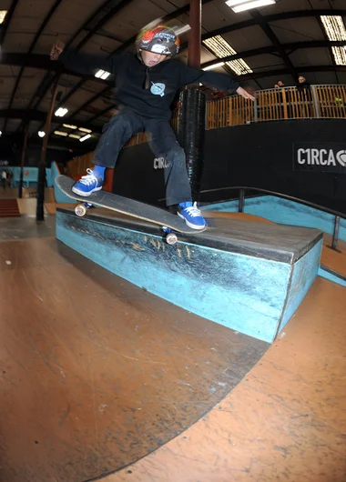 <!--vday16-->
I think Silas Backus managed to do a kickflip on every obstacle on the course. At least it seemed as though he did. It won’t be long before he’s kickflipping into these crooked grinds. Silas took first place in the 9-12 division.