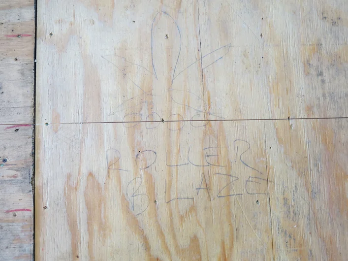 <!--course14-->
Found this scrawled on one of the old banks next to the stairs after the Skatelite got ripped up.  