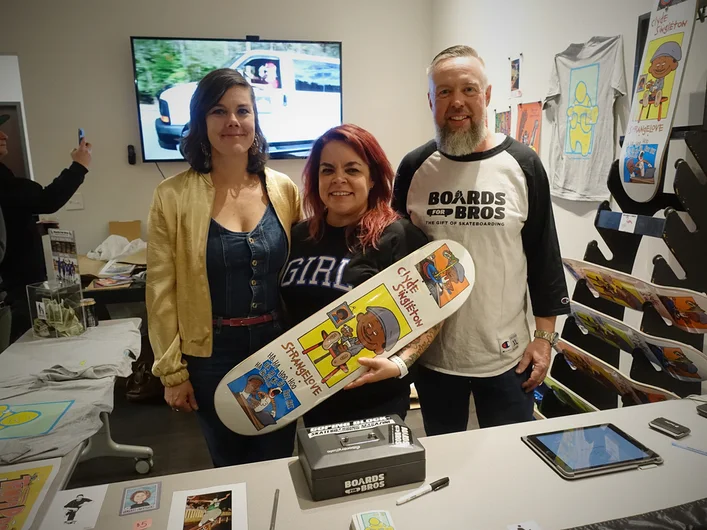 <!--pro20deckaid-->

(L to R): That's Sarah, the president of Deckaid, who put this whole thing together, and the Boxes - Michelle and Joel, who help us run our official non-profit Boards for Bros. Tonight was all about raising money to get kids on skateboards in underserved communities.