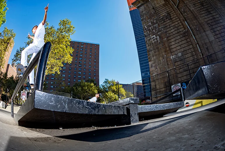 <!--danyc17-finals-->

Dressed for success, Matthew Horne gets this hodge podge of a day started for us with a Gap Smith Grind.