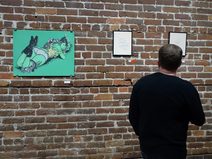 <!--am16frinight-->

Here's a print from his Creature Babe series and some early sketches for this year's Tampa Am graphics.