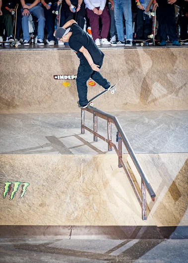 <!--am18finals-->
Riding Spinnaz, Angelo Caro Back Threes into a Noseblunt Slide.
