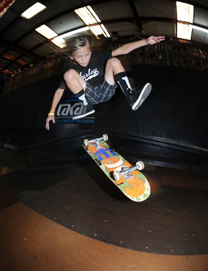 <!--springroll14-->

Welcome to the coverage of the Spring Roll contest presented by Lakai here at the Skatepark of Tampa. Tyler Kirshenbaum kicks things off with this varial heelflip out of the bank in the 8-and-under division. The little guys are really great to watch these days, especially with mini-moves like this one.