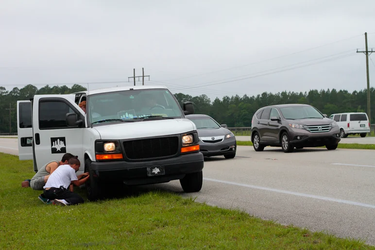 <!--lukeswedding-->

The van was having some problems on the road with its brakes. We pulled over and thankfully Josh Knight was an expert on cars so he took a look. Unfortunately, it was determined that we needed to find the nearest car parts place and replace the break pad.