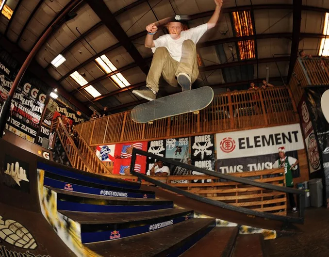 <!-- amdec13sat -->

Jack Olson destroyed the course. He nearly took the golden ticket, but qualified in 2nd place. Here is Jack doing a nollie flip down the stairs.