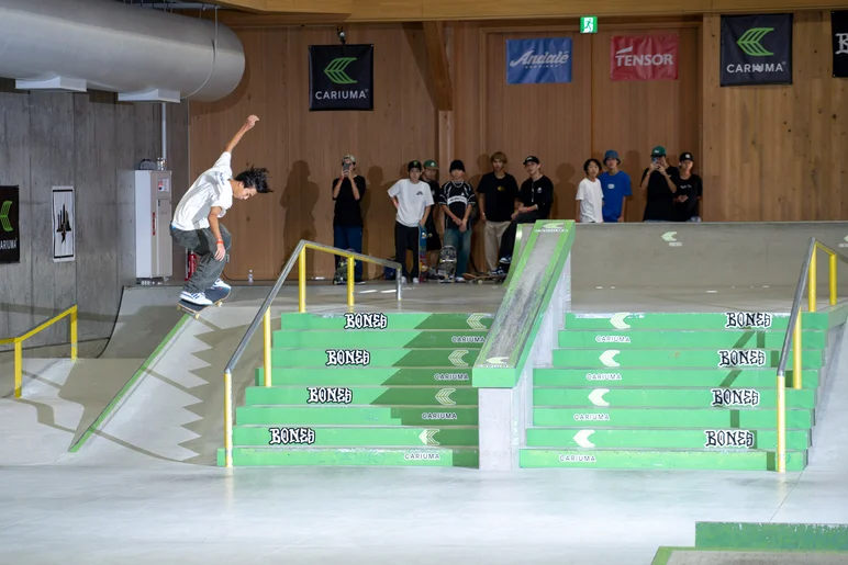 Kai Suematsu had a solid selection of switch/nollie tricks. Sometimes you just gotta keep it simple - backside switch ollie over the rail.

<!--damnamjapan2022finals-->