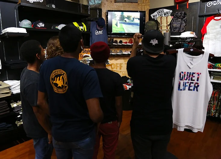 <!-- madeinemerica -->

Kids getting psyched on some older Emerica videos before the premiere.