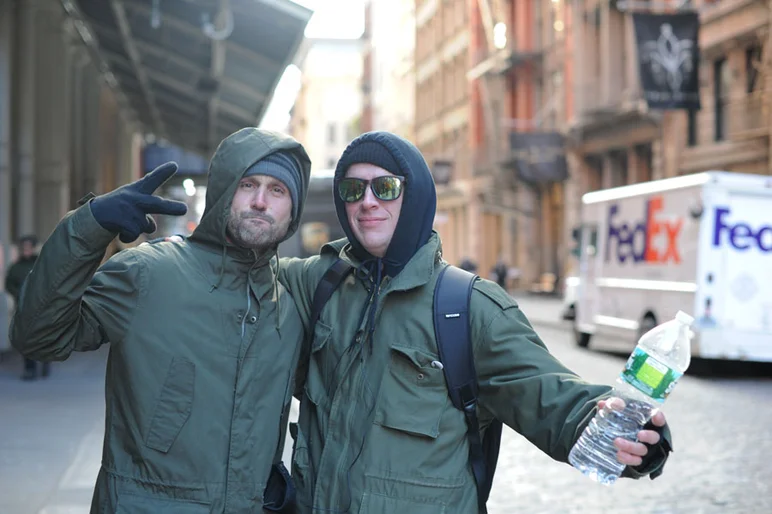 When you run into homies on the street, you can't stop and talk too long for fear of freezing to death.  After this fast snap with John Newport aka Lower Management, we jumped into a warm cab as fast as possible.<!-- Agenda Trade Show in NYC 2013 -->