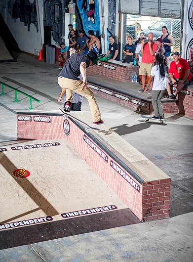 <!--dachi19quals-->

Fresh off an 805 Brew, Woody Woelfel puts down a Kickflip Front Nose with his weird mask on.
