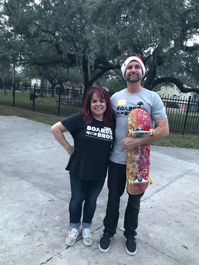 <!--b4bdesoto-->
For anyone who doesn't know, Boards for Bros is Skatepark of Tampa's official 501(3)(c) non-profit charity started by Schaefer and Paul Schmitt back in the day. With the help and hard work of Michelle Box, along with countless volunteers over the years, it has grown to expand to places like New Jersey, NYC, Orange County, North Carolina and even Cuba and Canada. That means a lot of happy kids out there...these two have a lot to smile about.