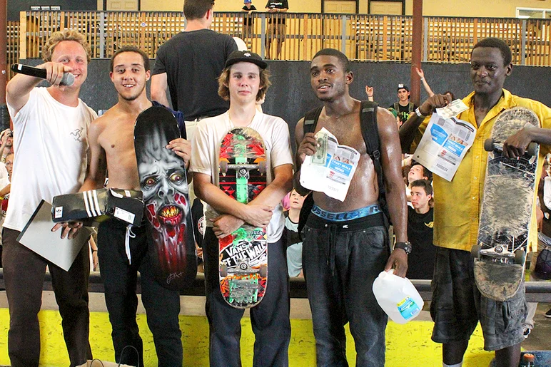 <!--gsd17-->

Here are the winners of the last Best Trick of the day. Thank you to everyone who came to celebrate skateboarding with us and a special Thank You to Adidas Skateboarding for their help in making this Go Skate Day one of our most successful to date. See you all next year!
(L-R: Derick Glancy, Alex Szlabonyi(1st), Marse Farmer(2nd), Darius Woods(Special Mention), Aaron Davis(3rd))