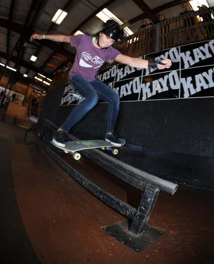 <!--hj2014-->

Grace Marhoefer held it down for all the girls out there who skate. She represented well with tricks like this boardslide. Grace narrowly missed out on the top five podium and ended up in 6th place. Next time Grace!
