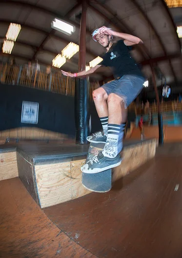 <!--hj16photos-->

Jake Yanko was on a tear this weekend. He can do it all, from transition to ledge tricks. Here’s Jake doing a smith grind 180 on the ledge and into first place in the 13-15 division.