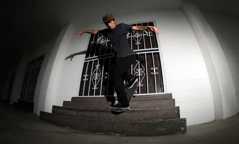 <!-- FranksForNothingLakeLand -->
If you want an example of perfect form on backside noseblunt slides, watch Abdias glide across these stairs in the video.