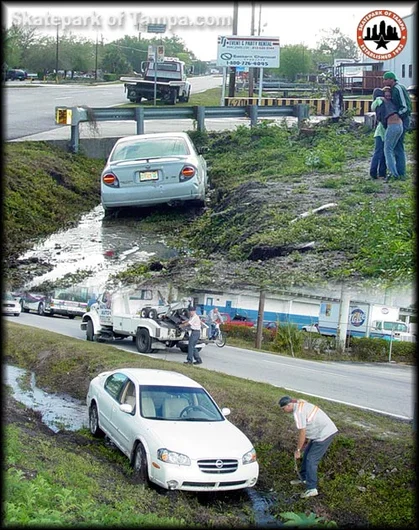 <!--moatphotos2018-->

One of the Moat's favorite food is cars. Yeah, you get the occasional drunk driver or just idiot not paying attention, but most of the time it was people parking on the banks during Am & Pro. Since it rains all the time in Florida, that slippery ground just couldn't hold them and down they went. Sometimes the park would flood, the Moat would overflow and people didn't even know it was there.

