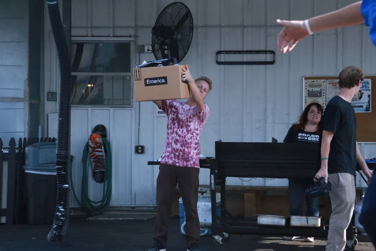 <!--emericaphotos16-->
Who’s that!? Oh, it’s just Derick Glancy holding up the prizes and promo for the best trick contest, courtesy of Emerica.