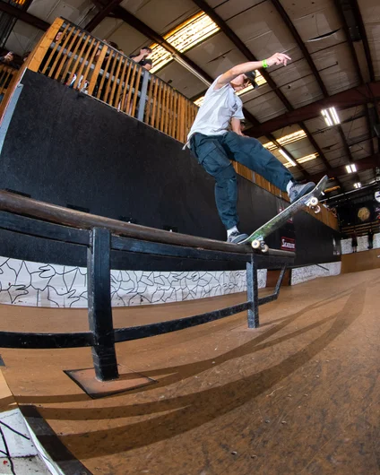 Quinn Harbin hitting his obstacle of choice with a front blunt

<!--backtoschoolbash2022-->