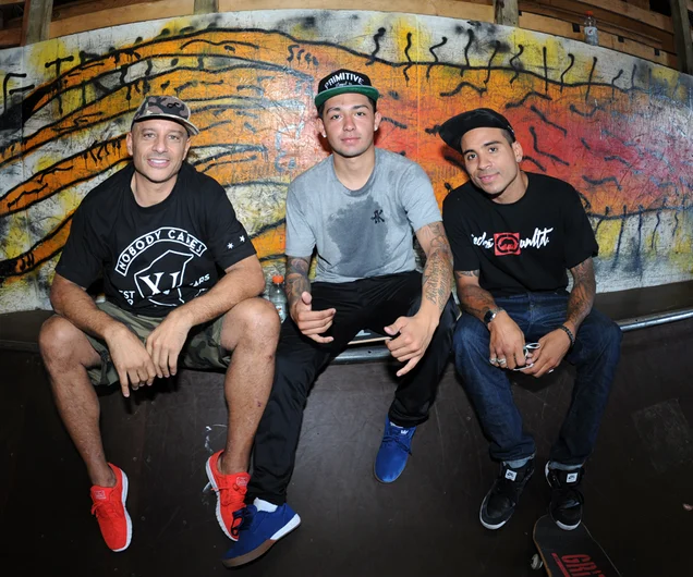 <!--tampapro2014-->

Felix Arguelles, Chaz Ortiz and Manny Santiago chumming it up in between their annihilation of the course. I saw that nollie hardflip you did Felix... and Manny, the varial heel boardslide was insane.

