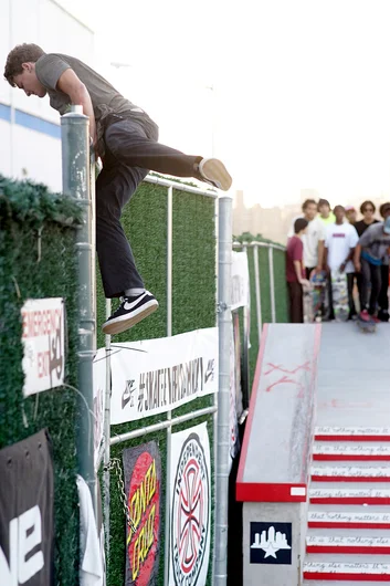 <!--danyc15-->

He hopped the massive fence, grabbed his board, then proceeded to keep shredding. I've never seen a fence hopped during a contest. I'd like to see that incorporated in to Street League.