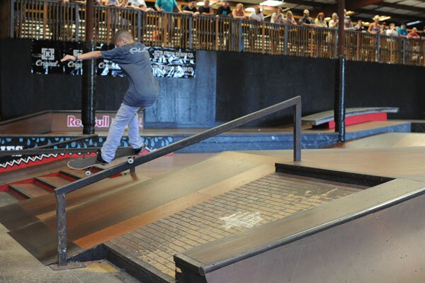 Marcos Montoya is frontside feeble grinding