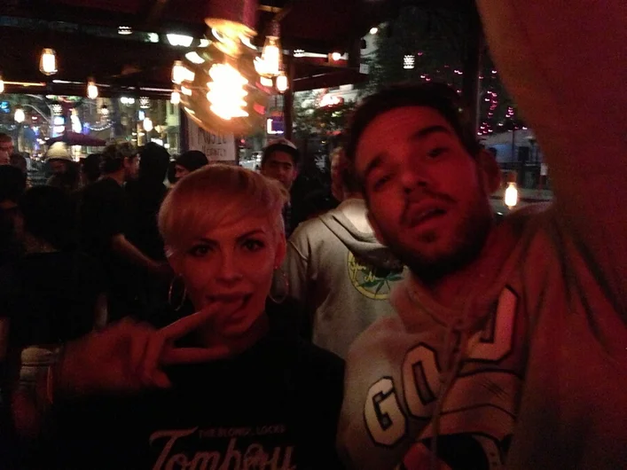 <!-- agendashow2014 -->
Long time partner Jake Mednik from KAYO and his chick Bridget at Sevilla Bar in LBC for the Agenda after party, put on by DGK.