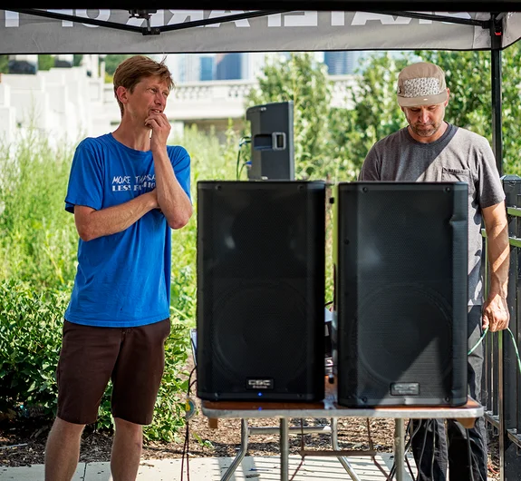 <!--dachi18bt-->

Brian trying to figure out whats louder..  the speakers or Nate Sherwood.
