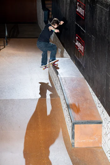 Mikey Ribble front smith on the bump to ledge. No idea how anyone can smith on a ledge. Shit's tough!

<!--polarvideopremier2022-->